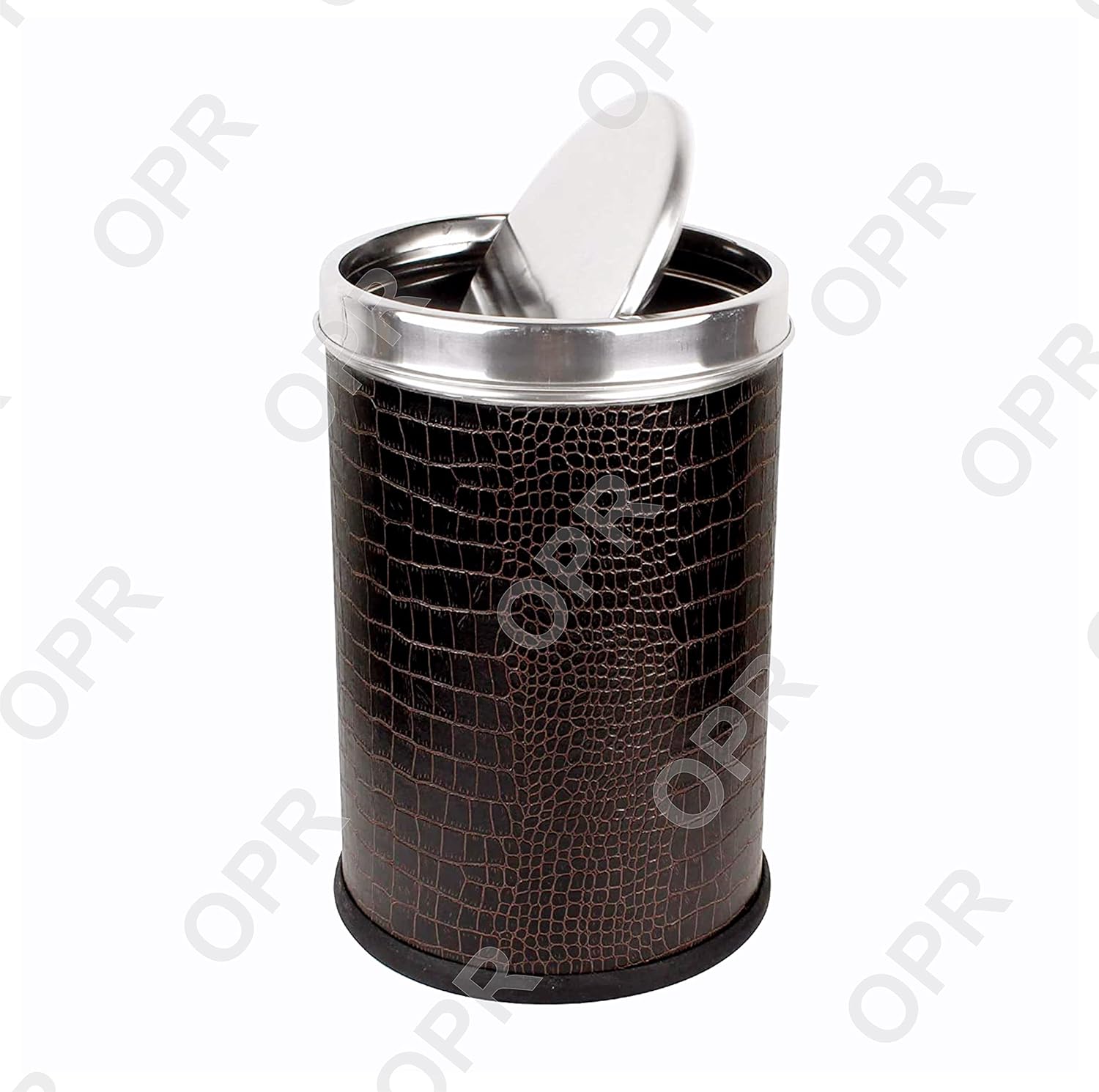 OPR Stainless Steel Leather Swing Dustbin With Lid | Trash Can With Lid - 10 litres (8 X 12 inch) Brown OM PRABHU STEELS