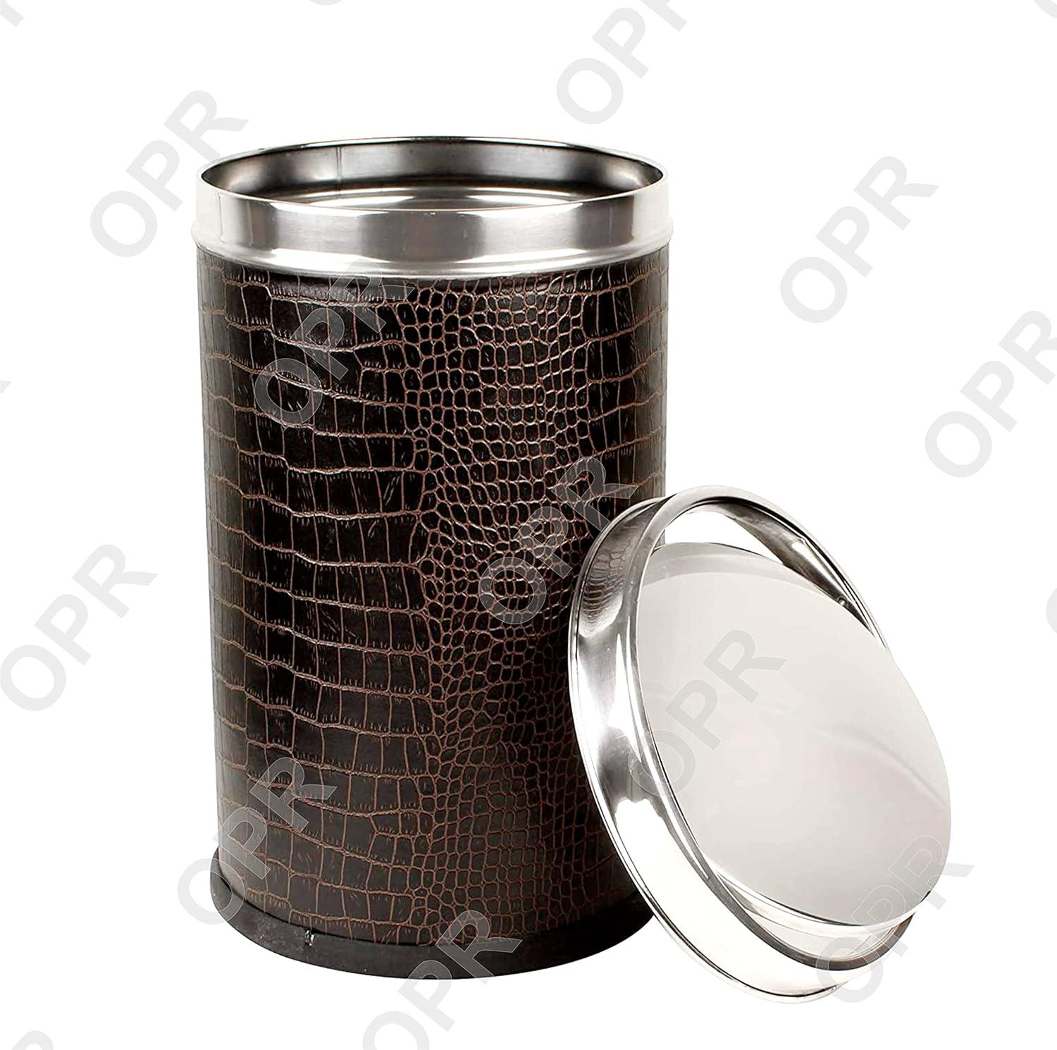 OPR Stainless Steel Leather Swing Dustbin With Lid | Trash Can With Lid - 10 litres (8 X 12 inch) Brown OM PRABHU STEELS