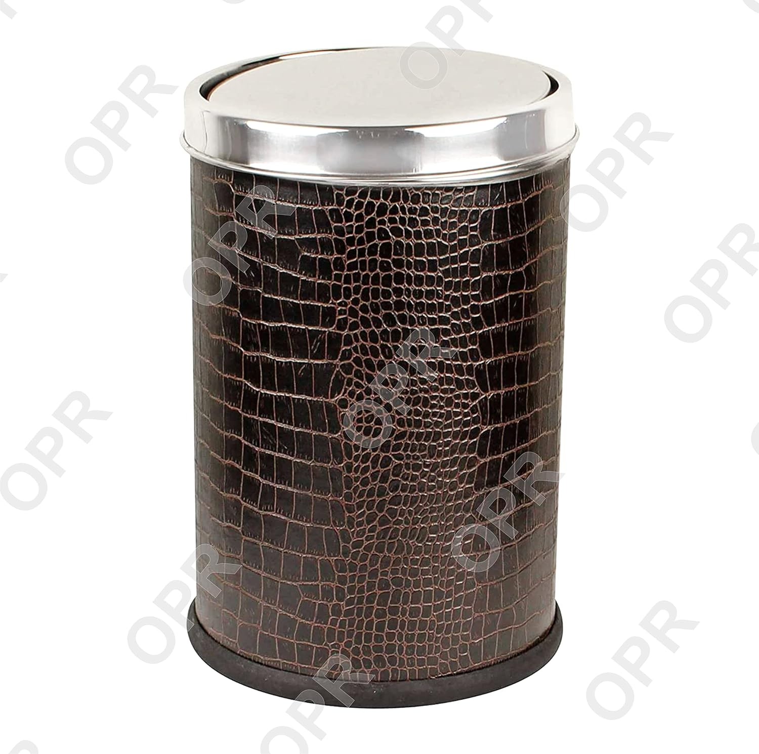 OPR Stainless Steel Leather Swing Dustbin With Lid | Trash Can With Lid - 10 litres (8 X 12 inch) Brown OM PRABHU STEELS
