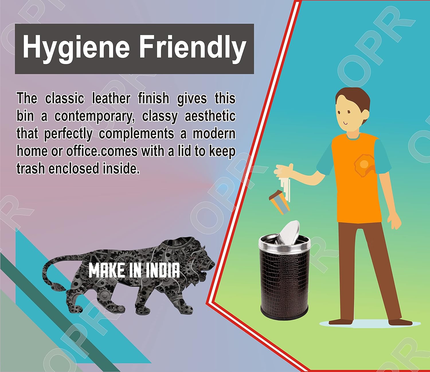 OPR Stainless Steel Leather Swing Dustbin With Lid | Trash Can With Lid - 10 litres (8 X 12 inch) Brown OM PRABHU STEELS