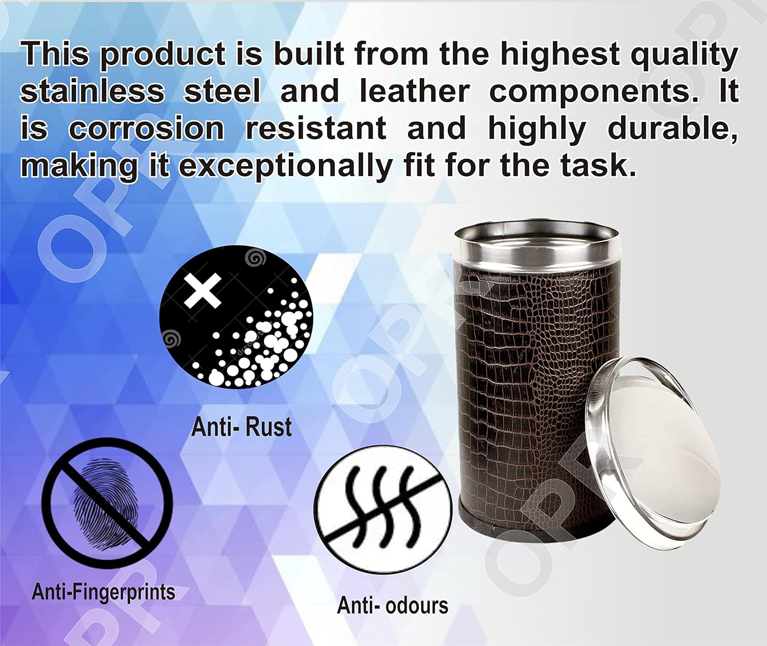 OPR Stainless Steel Leather Swing Dustbin With Lid | Trash Can With Lid - 10 litres (8 X 12 inch) Brown OM PRABHU STEELS