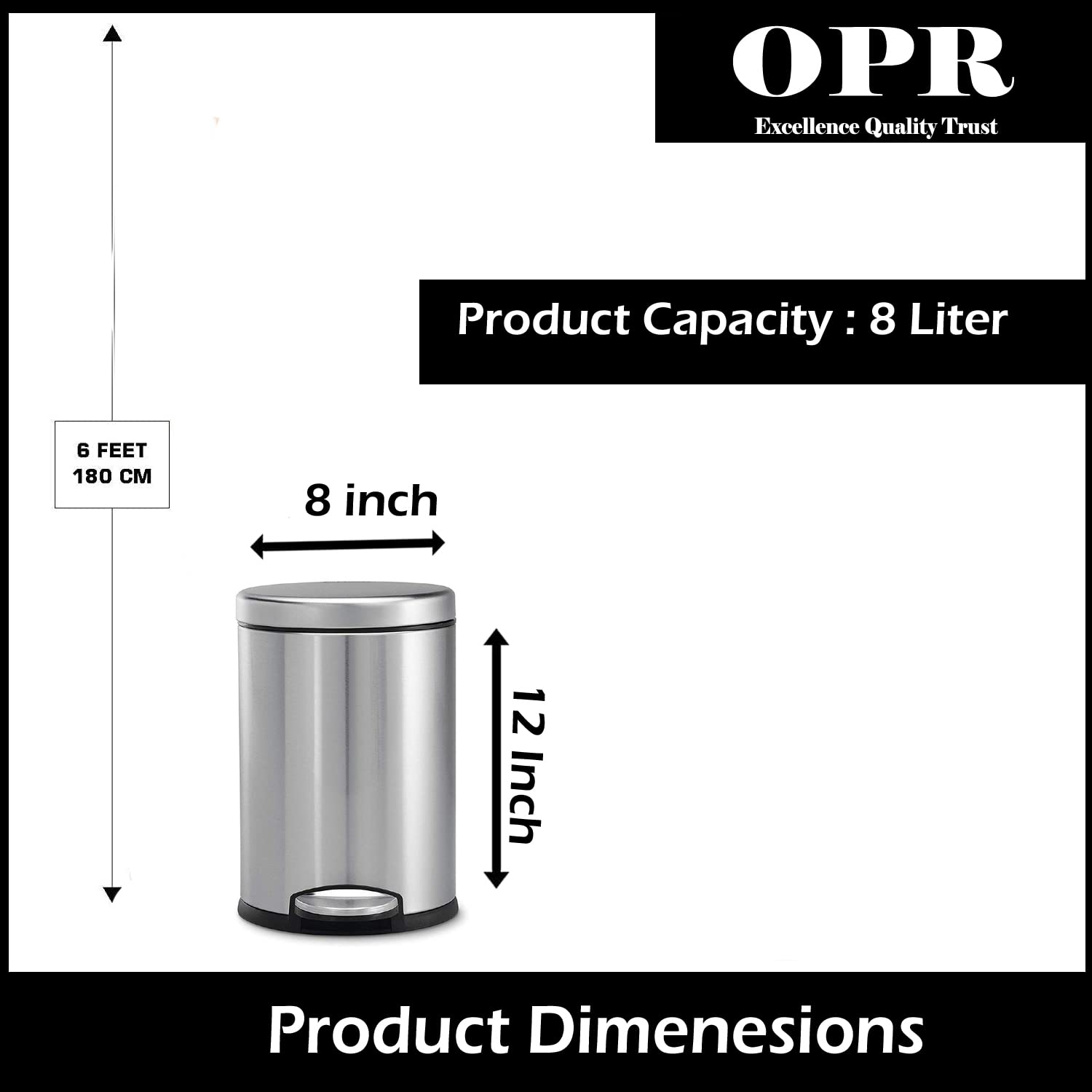 OPR Stainless Steel Plain Pedal Bin With Plastic Bucket And Lid (8 Litre) OM PRABHU STEELS