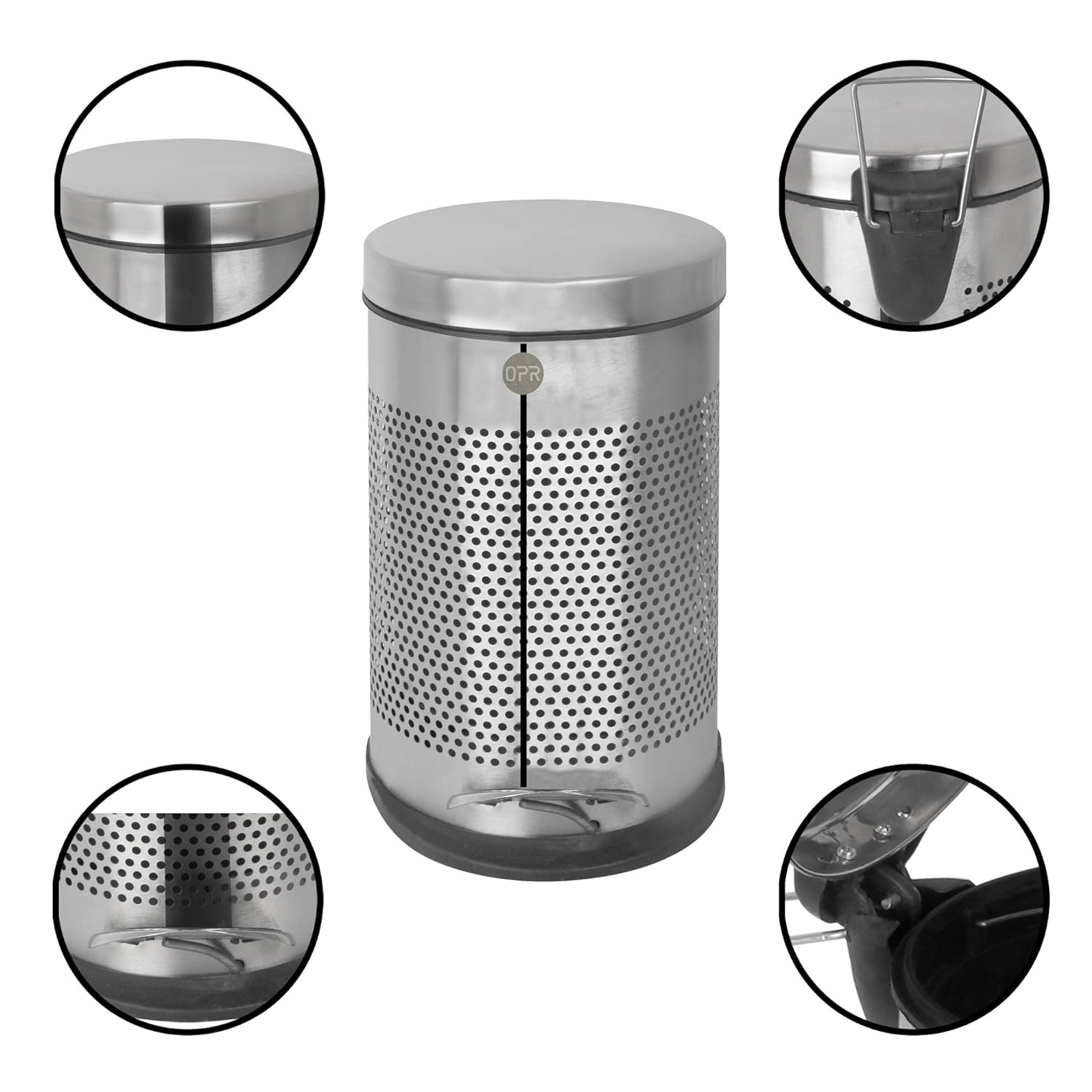 OPR Stainless Steel Perforated Pedal Dustbin with Plastic Bucket (10 x 14-inch - 11 Litre) OM PRABHU STEELS