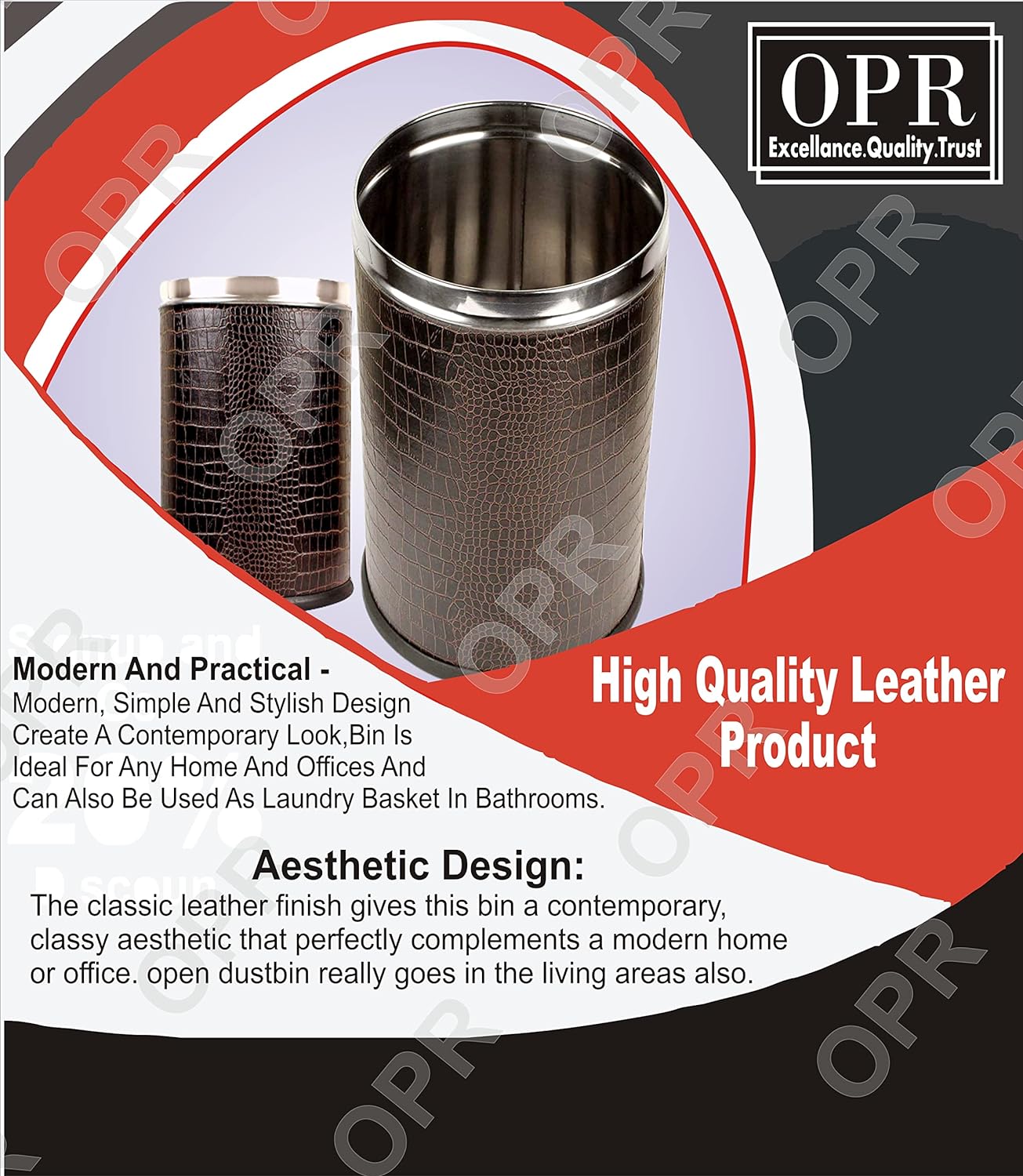 OPR Stainless Steel Leather Open Dustbin Without Lid| Trash Can - 10 litres (8 X 12 inch) (Brown) OM PRABHU STEELS