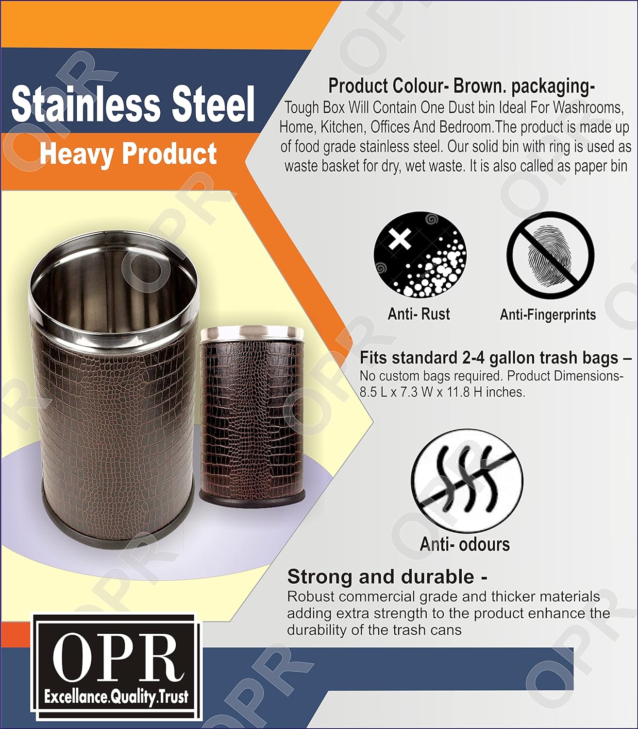 OPR Stainless Steel Leather Open Dustbin Without Lid| Trash Can - 10 litres (8 X 12 inch) (Brown) OM PRABHU STEELS